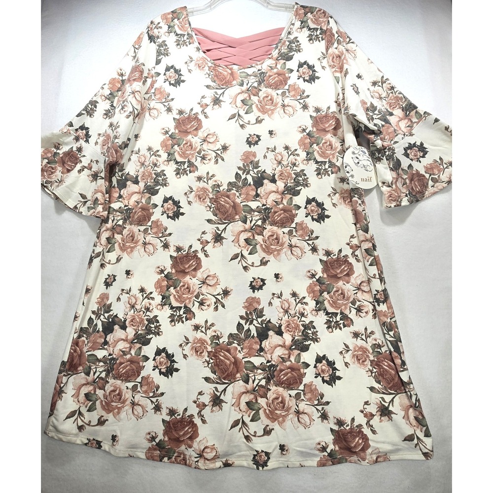 Naif Womens 3X Floral Bell Sleeve Lattice Back Mini Dress Tunic Cream Pink Rose